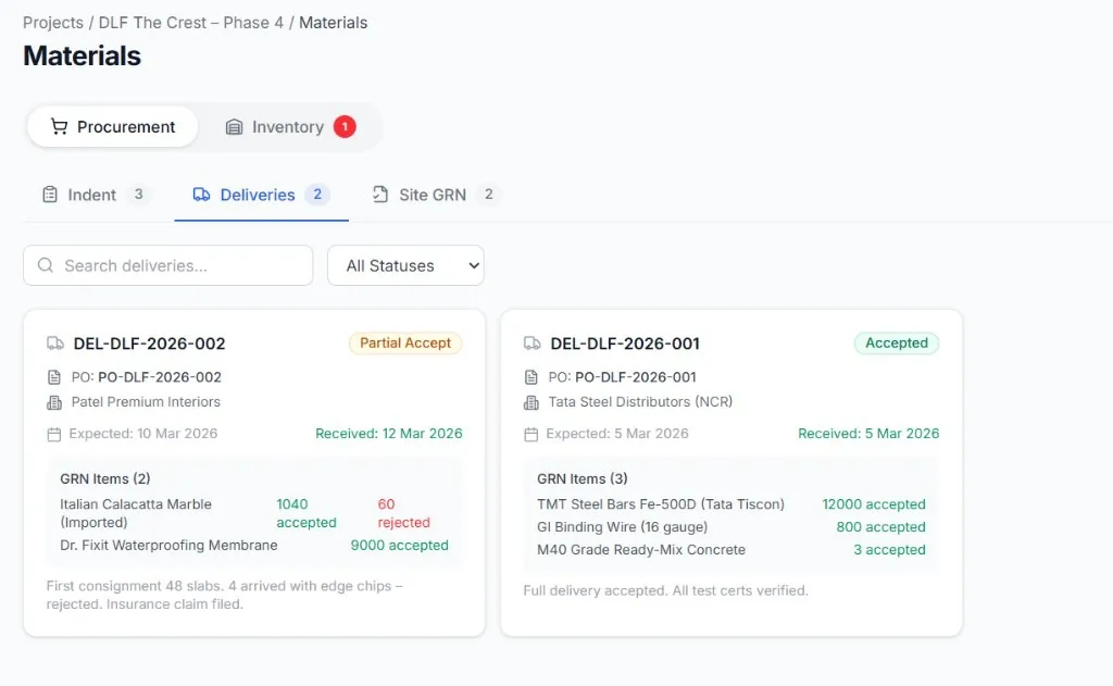 Spaceio+ Lens materials delivery tracking with GRN acceptance and rejection counts