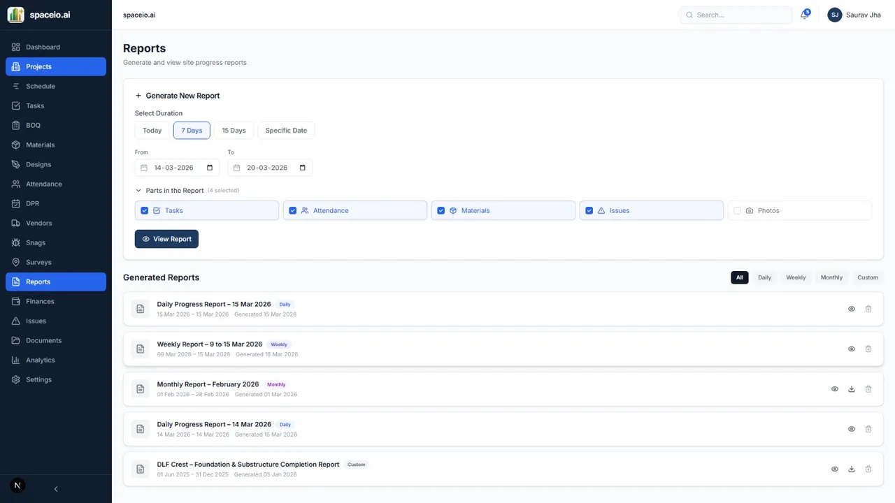 Spaceio+ Lens reports module for generating daily and weekly site progress reports